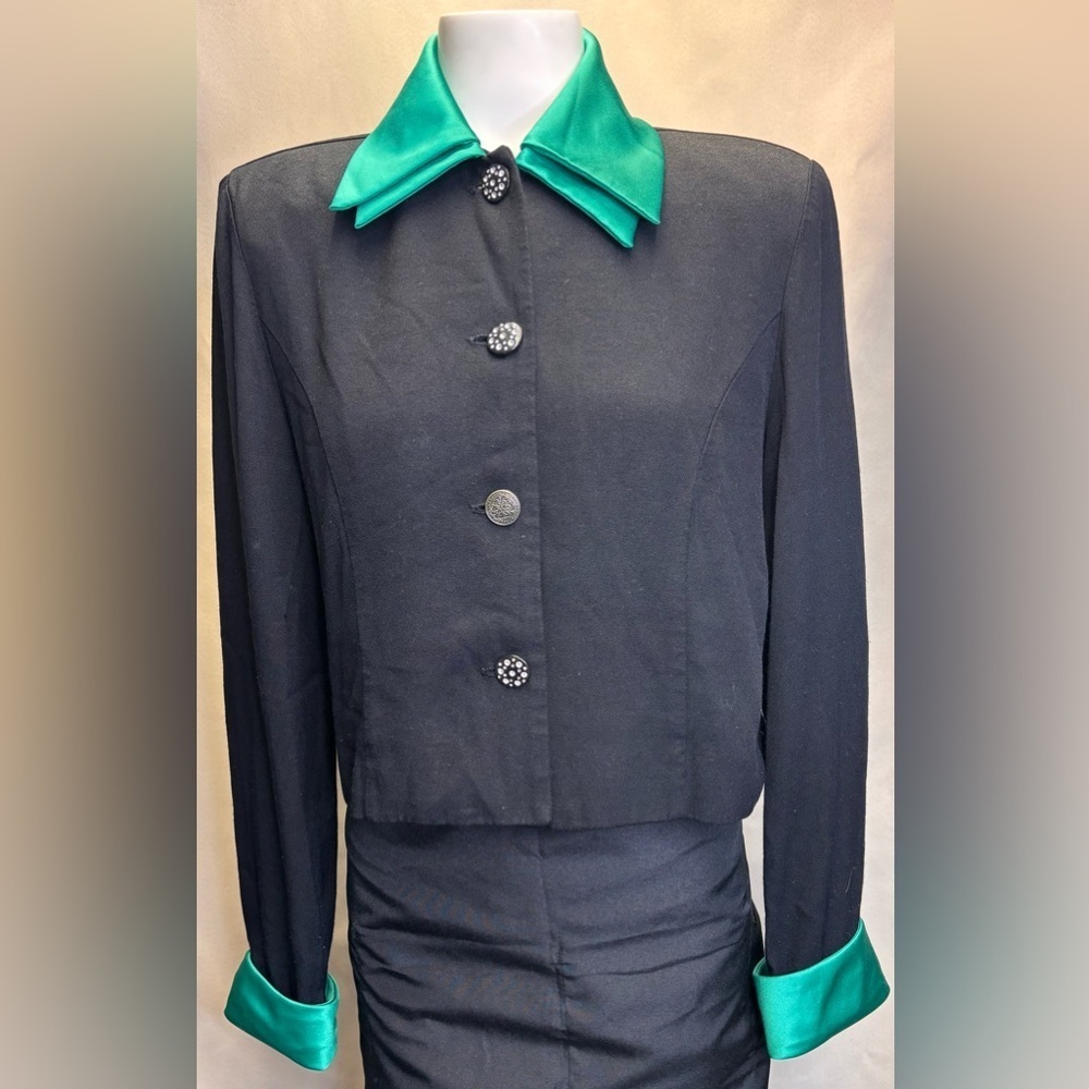 Jessica Howard Vintage Black & Green Cropped Jacket with Shoulder pads Size 8